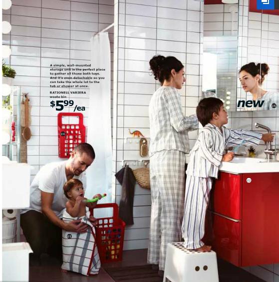 In the Canadian version of the catalogue a family gets ready for the day; the title on the facing page reads ,“Mornings are a team sport”