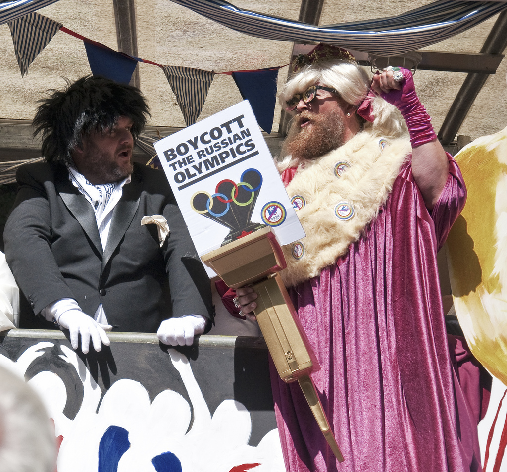 3 August 2013, United Kingdom. Participants in Brighton, England’s Gay Pride Parade hold signs calling for a boycott of the Sochi Olympics.