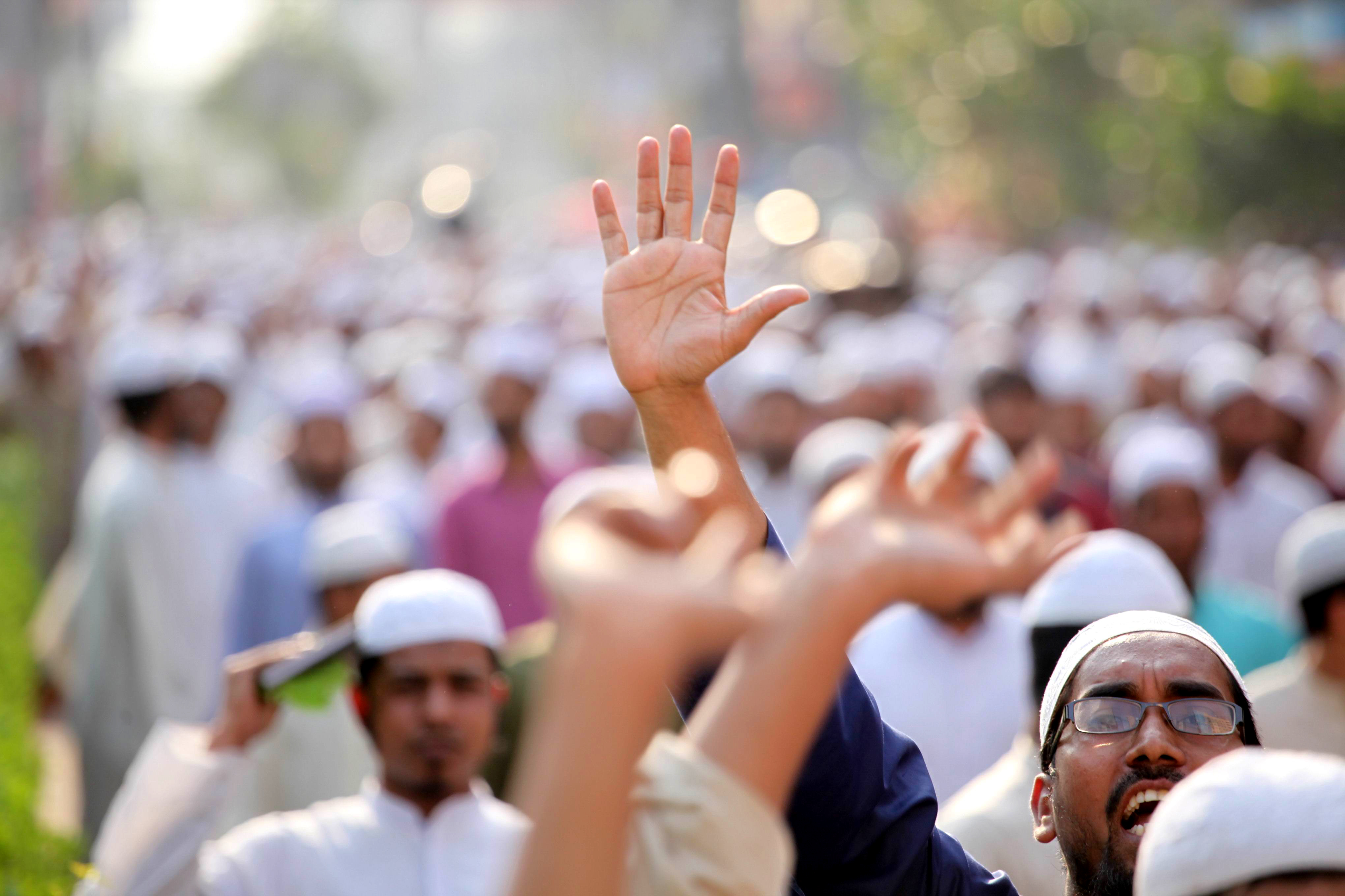 Members of the Islamist organisation Hefazat-e-islam Bangladesh gather for a grand rally to ask for proper punishment for the arrested bloggers