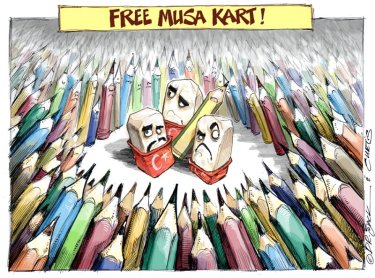 One of the many cartoons drawn in solidarity with Musa Kart and collected by Cartoonists Rights Network International