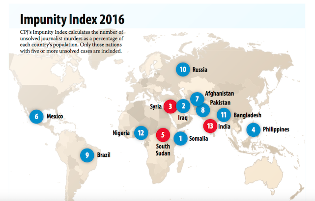 Screenshot of CPJ's Impunity Index map