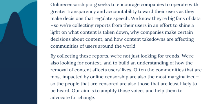 Screenshot of onlinecensorship.org About page.