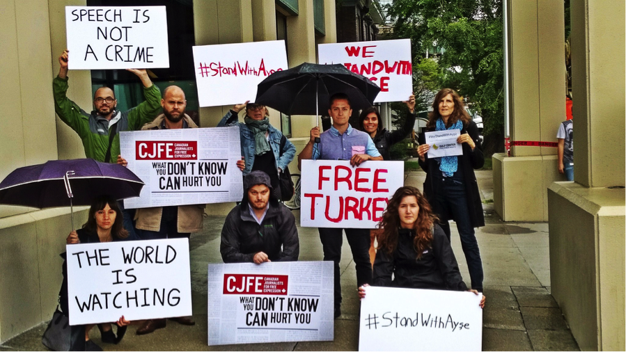Canadian Journalists for Free Expression protesting outside Turkey's consulate in Toronto, Canada.