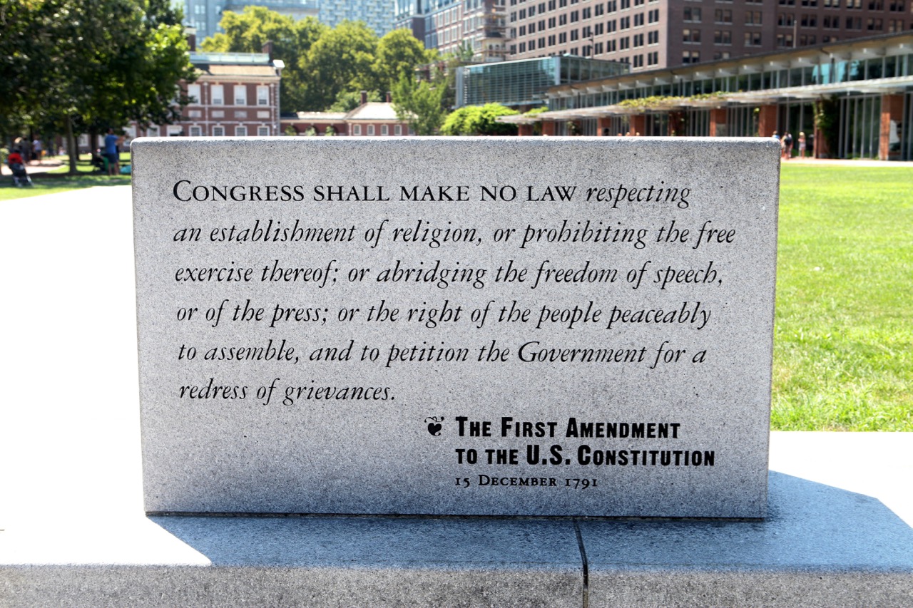 A marble plaque with The First Amendment to the U.S. Constitution sits on Independence Mall in Philadelphia, Pennsylvania, 27 August 2016