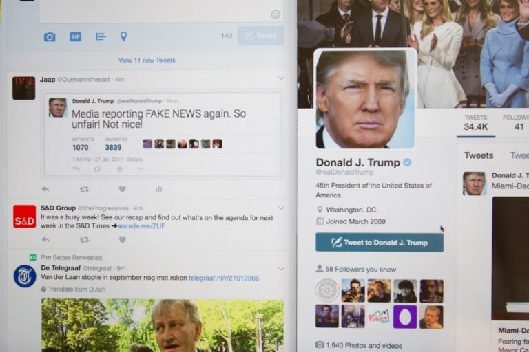 Fake Donald Trump tweets being generated in China are seen on a Twitter timeline on 27 January 2017, Jaap Arriens/NurPhoto via Getty Images