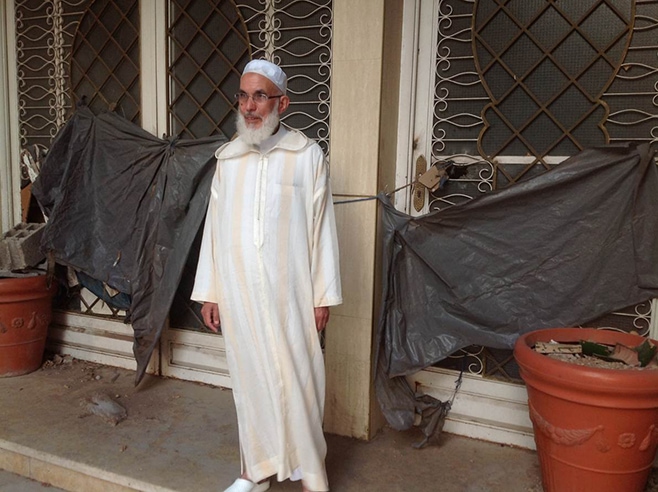 Mohamed Abbadi, leader of the Adl wa’l Ihsan (Justice and Spirituality) movement, in front of his sealed house in Oujda, Morocco on 7 July 2013, Adl wa’l Ihsan/Human Rights Watch