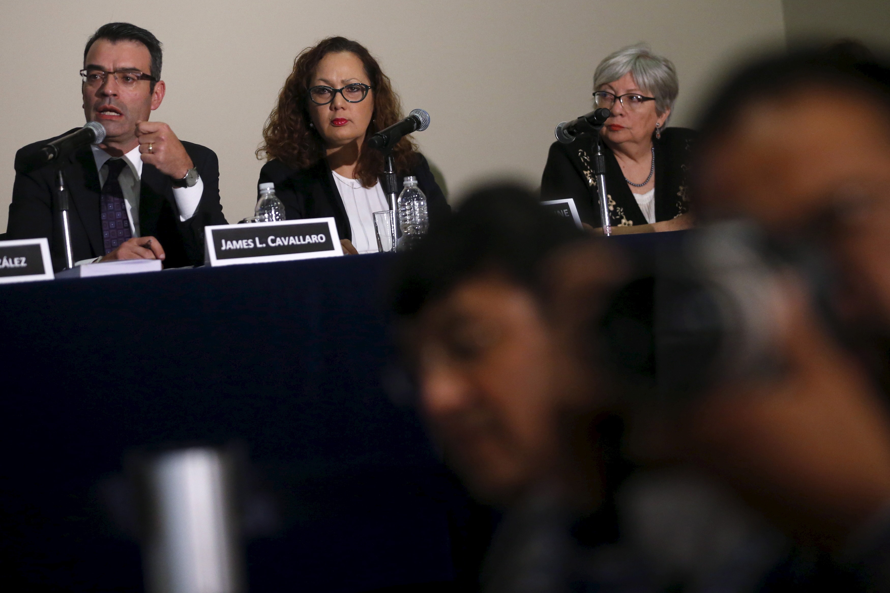 Rose-Marie Belle Antoine (C), IACHR President and James Cavallaro (L), IACHR Vice President at a press conference in Mexico City, REUTERS/Edgard Garrido