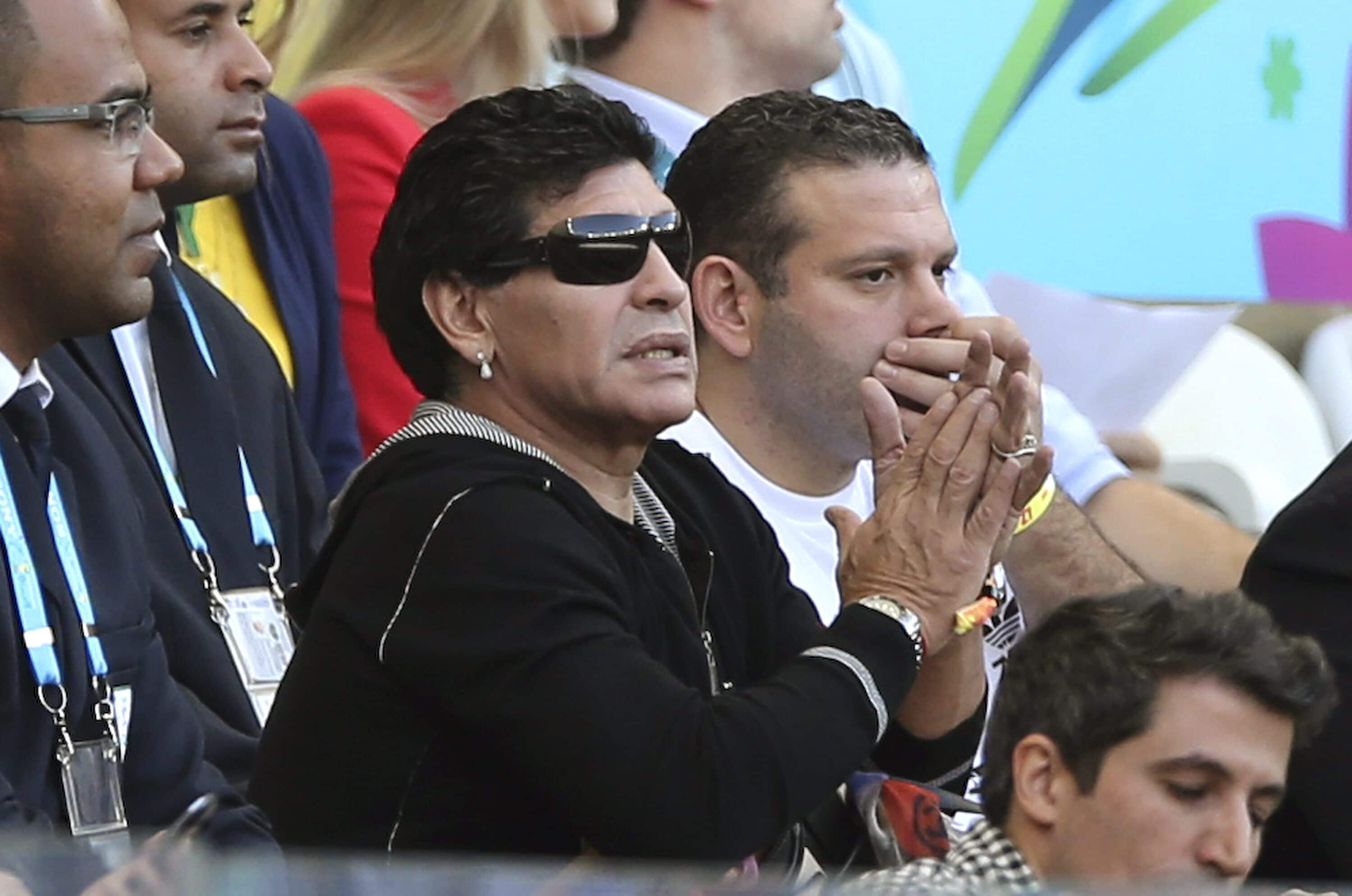 Argentinian soccer legend Diego Maradona during the FIFA World Cup 2014 match between Argentina and Iran on 21 June 2014, © BALLESTEROS/epa/Corbis