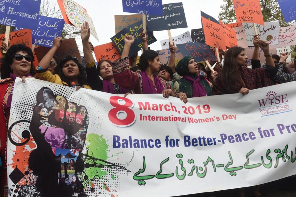 Pakistani civil society activists take part in a rally for women's rights on International Women's Day in Lahore, 8 March 2019, ARIF ALI/AFP/Getty Images