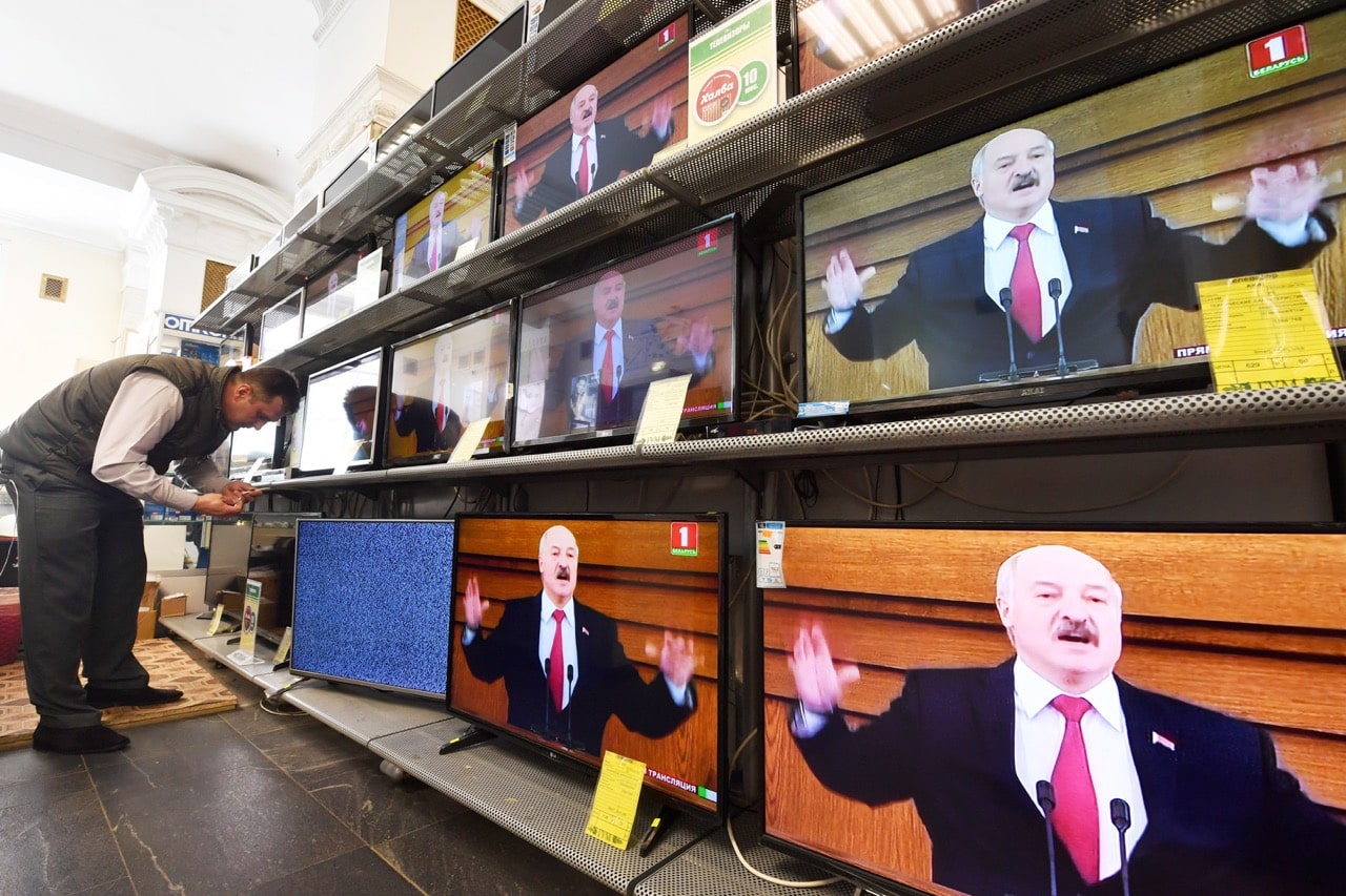 A broadcast of President Alexander Lukashenko's annual address to the Belarusian people and the Belarusian National Assembly, Minsk, Belarus, 24 April 2018, Viktor DrachevTASS via Getty Images