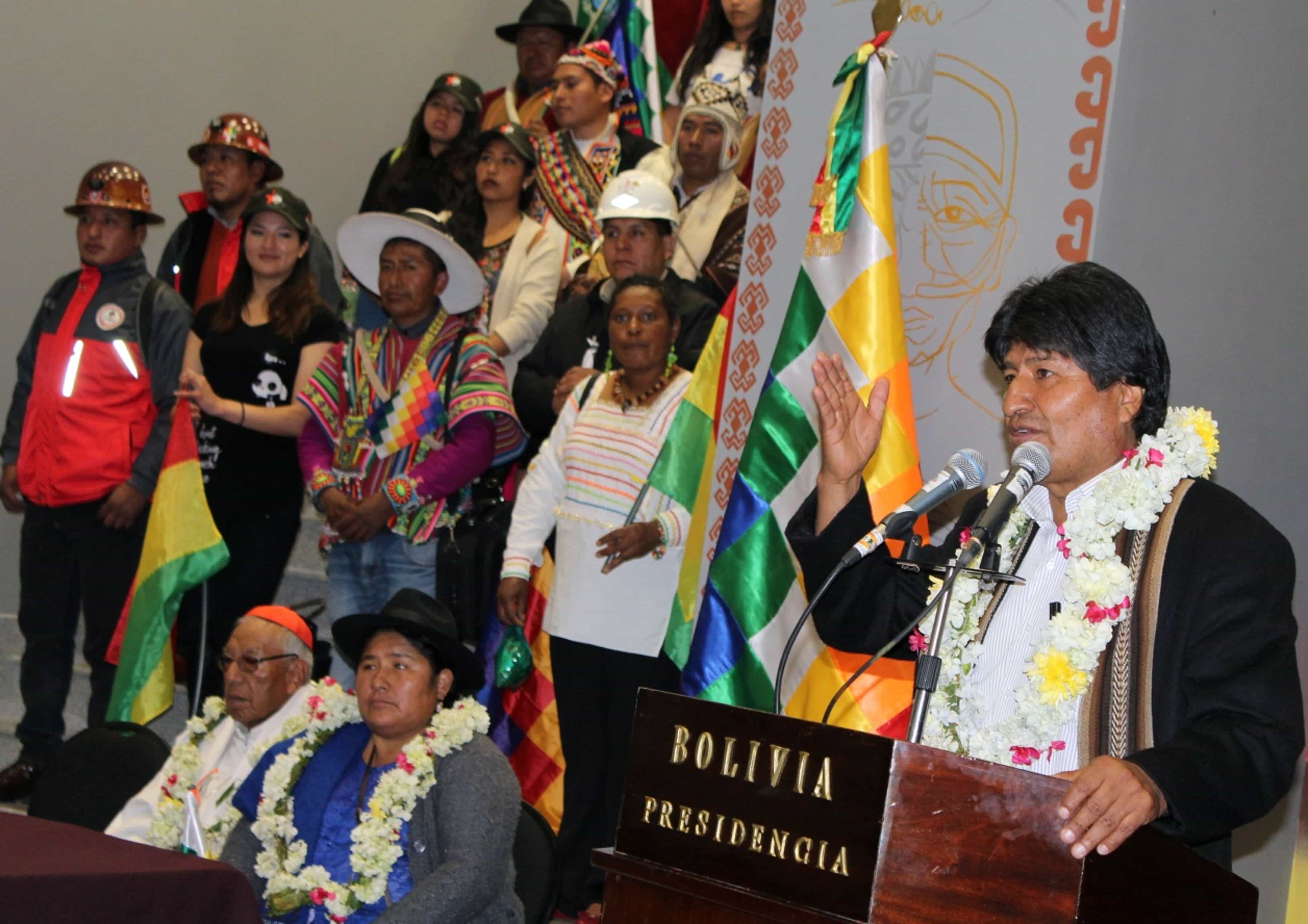 Bolivian President Evo Morales Ayma delivers a speech during the inauguration of the new government palace, AIZAR RALDES/AFP/Getty Images