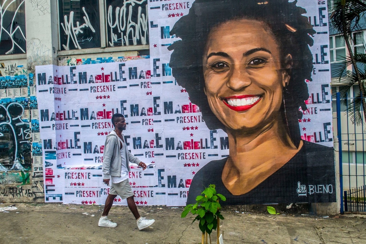A piece of street art by artist Luis Bueno shows councilwoman Marielle Franco from Rio de Janeiro, Brazil, 3 April 2018, Cris Faga/NurPhoto via Getty Images