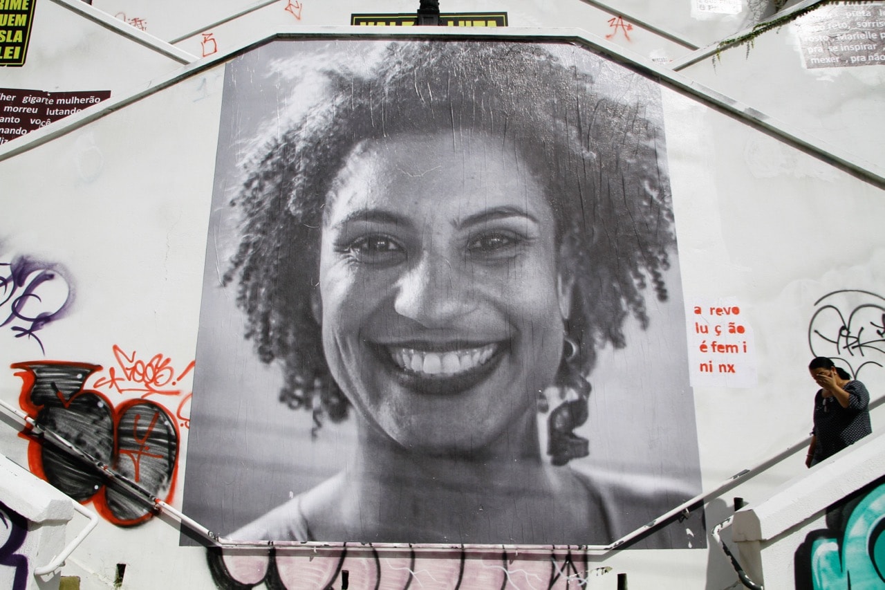 A tribute to Rio de Janeiro city councillor Marielle Franco, in the neighborhood of Pinheiros, Sao Paulo, 21 March 2018, Fabio Vieira/FotoRua/NurPhoto via Getty Images