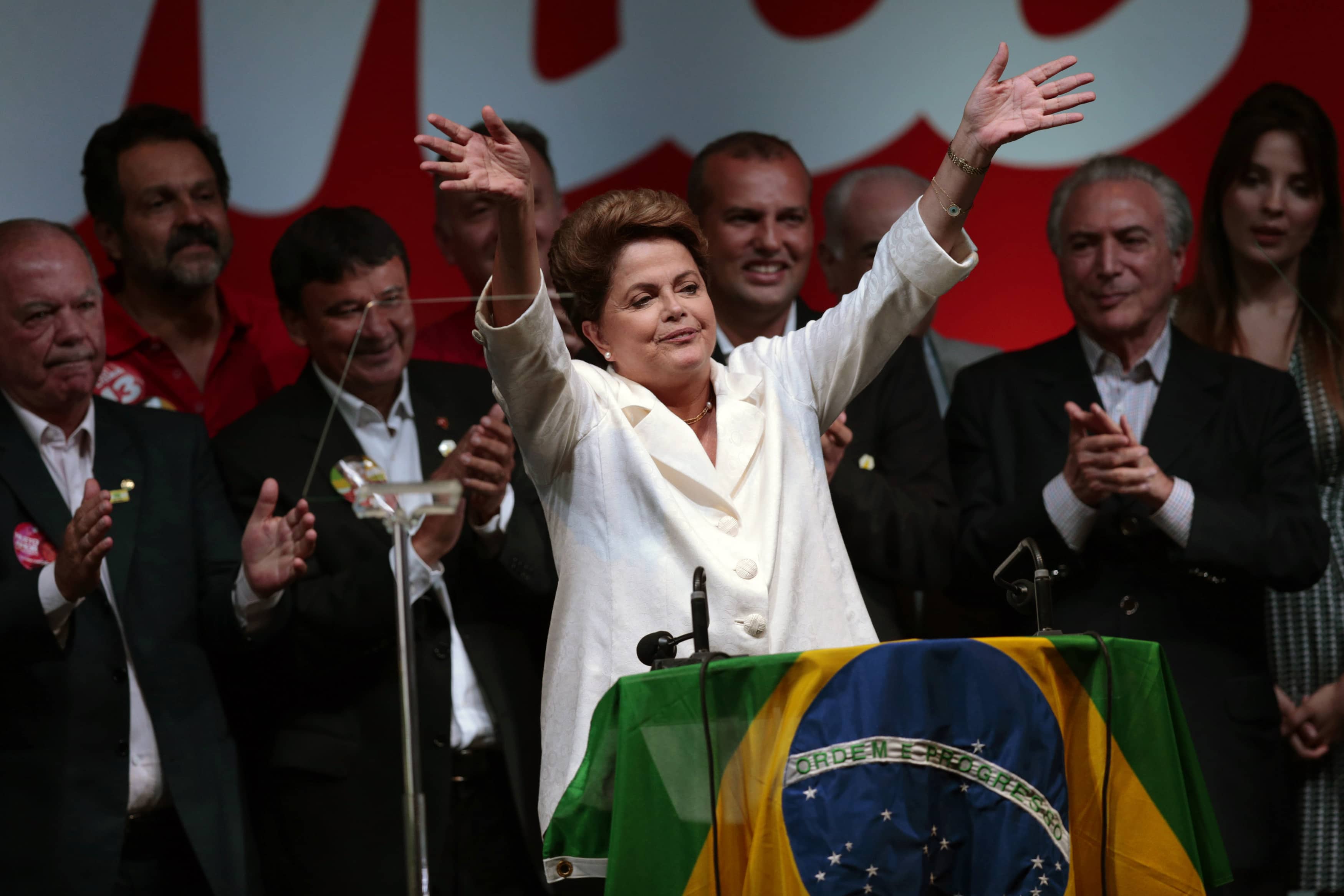 Brazil's President and Workers' Party (PT) presidential candidate Dilma Rousseff celebrates election results, in Brasilia October 26, 2014, REUTERS/Ueslei Marcelino