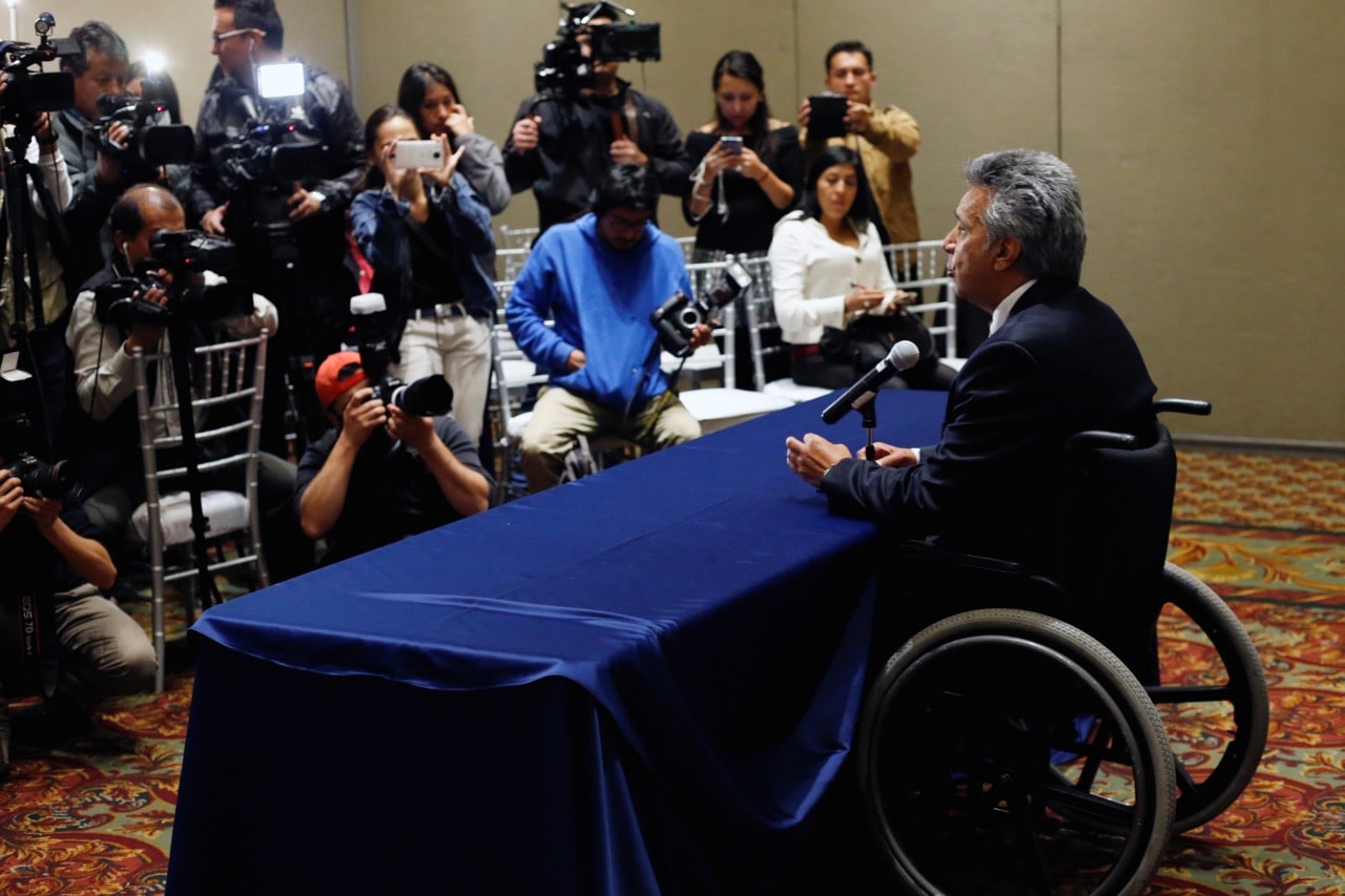 Lenín Moreno, then presidential candidate of the ruling PAIS Alliance Party, gives a speech to the media during a news conference in Quito, Ecuador, 27 March 2017, REUTERS/Henry Romero