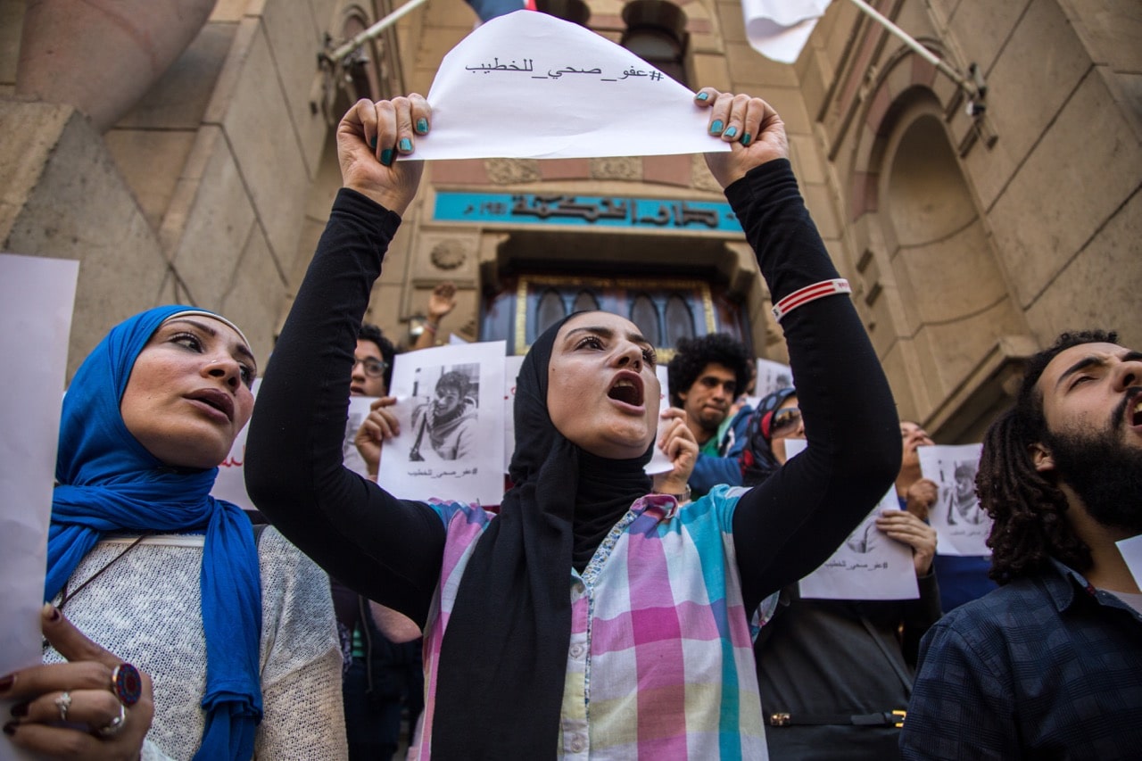 Protest in front of the Medicine Syndicate in Cairo, Egypt, in solidarity with 22-year-old student and political prisoner Ahmed el-Khatib, 30 March 2017 , Ibrahim Ezzat/NurPhoto via Getty Images