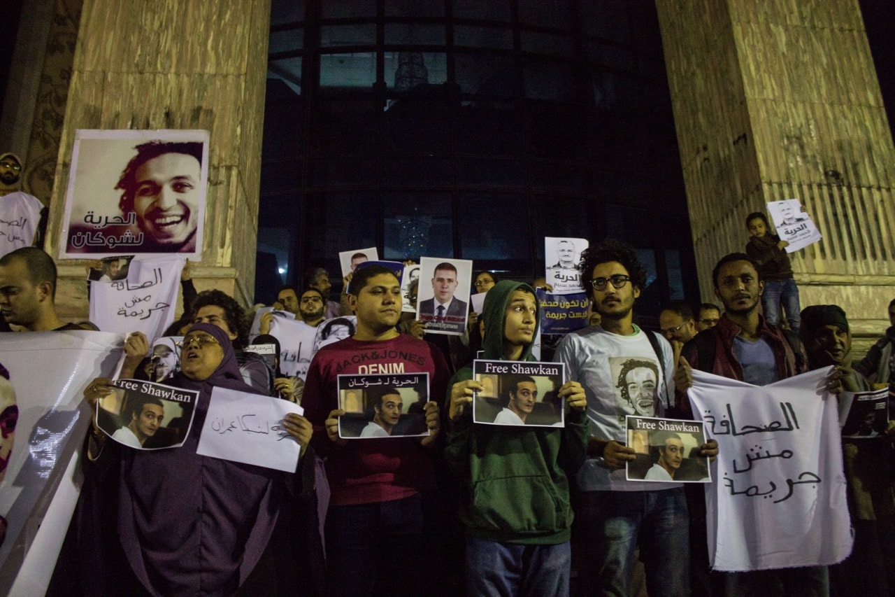 A group of people gather at Adeviyye Rabiatul square to demand the release of photojournalist Shawkan, in Cairo, Egypt, 12 July 2014, Ahmed Ismail/Anadolu Agency/Getty Images