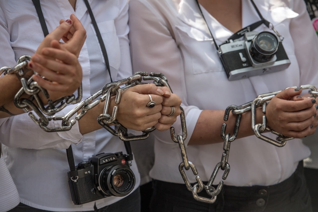 Activists protest outside the Egyptian Embassy to highlight the plight of jailed Egyptian photojournalist Shawkan, in London, England, 14 August 2017, Carl Court/Getty Images