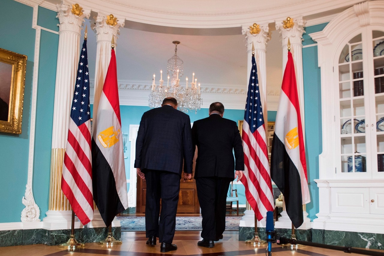 US Secretary of State Mike Pompeo (R) walks with Egyptian Foreign Minister Sameh Shoukry at the State Department in Washington, DC, 8 August 2018, JIM WATSON/AFP/Getty Images