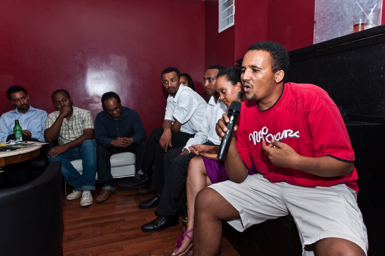 Jawar Mohammed of New York City speaks at an Amnesty International sponsored gathering to raise awareness about imprisoned Ethiopian journalist Eskinder Nega at the 1920 DC bar in Washington, DC, 2 August 2012, Daniel C. Britt / The Washington Post via Getty Images