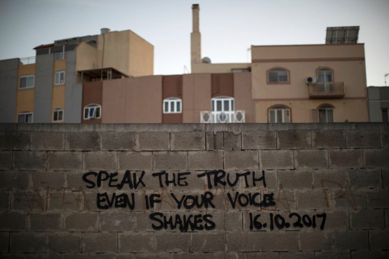 A tribute for the murdered journalist Daphne Caruana Galizia that includes the date of her assassination is sprayed on a wall in Valletta, Malta, 10 March 2018, Dan Kitwood/Getty Images for the Daphne Project