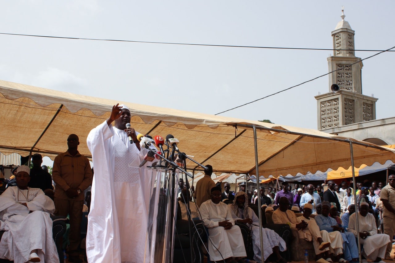 Gambian President Adama Barrow delivers a speech during his visit to Faraba Banta on 22 June 2018, where three protesters were killed by police in an anti-pollution rally a few days before, CLAIRE BARGELES/AFP/Getty Images