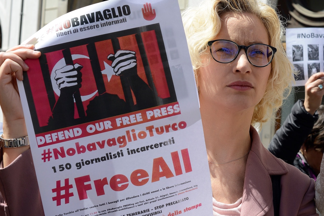 Protesters mark World Press Freedom Day and call for the release of journalists held in Turkish prisons, outside the Italian Parliament in Rome, 2 May 2017, Simona Granati/Corbis via Getty Images