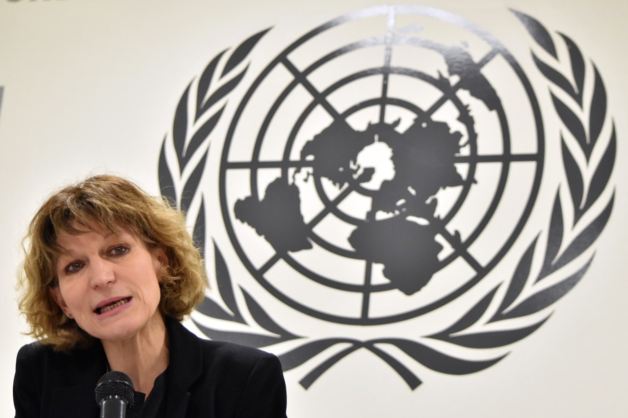 Agnes Callamard, the UN special rapporteur on extrajudicial, summary or arbitrary executions, speaks during a press conference in San Salvador, El Salvador, 5 February 2018, MARVIN RECINOS/AFP/Getty Images