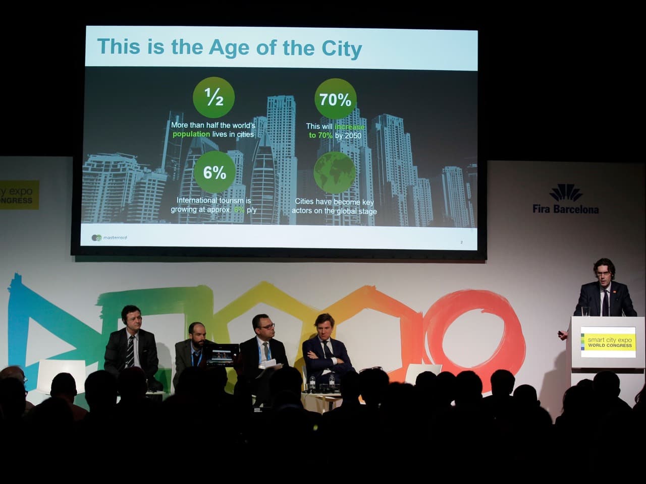 A representative of Mastercard speaks about citizen centric urban services at Smart City Expo World Congress in Barcelona, 15 November 2016, Manu Fernandez/AP Images for Mastercard