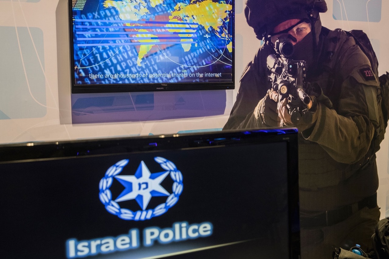 The exhibition stand of the Israeli police at the 4th International conference on Home Land and Cyber Security, in Tel Aviv, 15 November 2016, JACK GUEZ/AFP/Getty Images