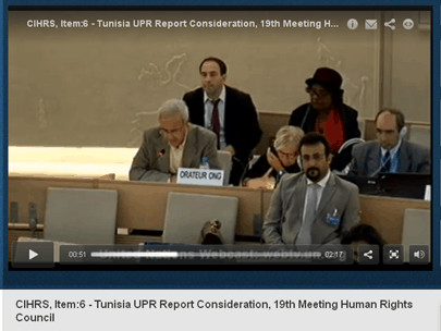 Kamel Labidi (centre left) speaks at Tunisia's UPR at the UN in Geneva., IFEX-TMG