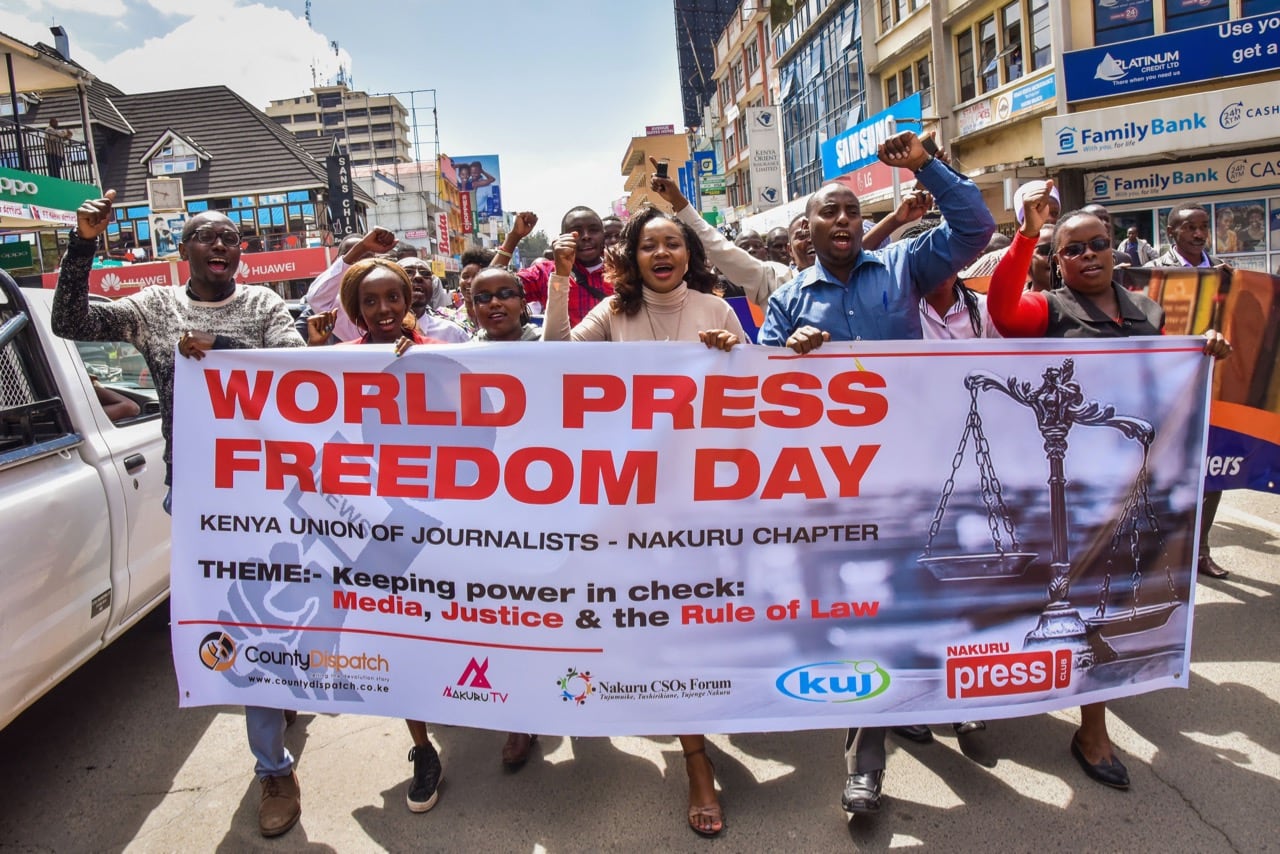 Journalists and members of civil society march on World Press Freedom Day, in Nakuru, Kenya, 3 May 2018, SULEIMAN MBATIAH/AFP/Getty Images