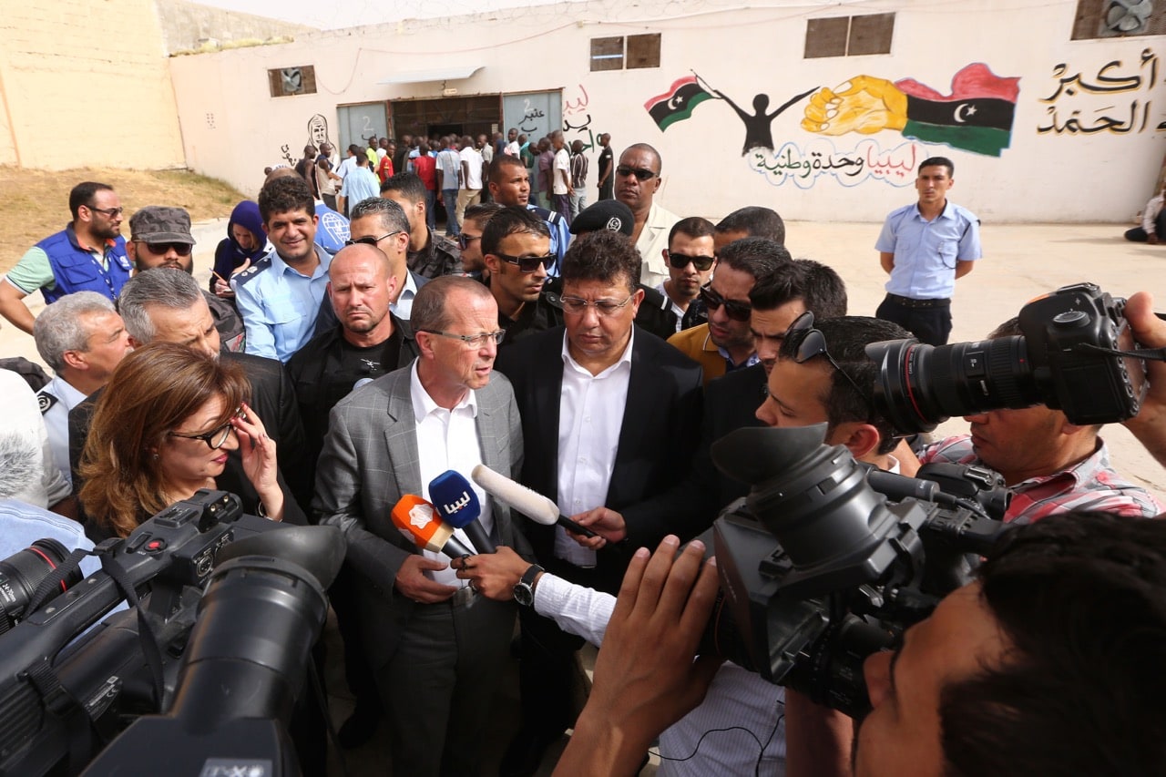 United Nations' special envoy to Libya, Martin Kobler, answers journalists' questions during a visit to the Abu Salim detention centre for illegal migrants in Tripoli, Libya, 19 May 2016, MAHMUD TURKIA/AFP/Getty Images