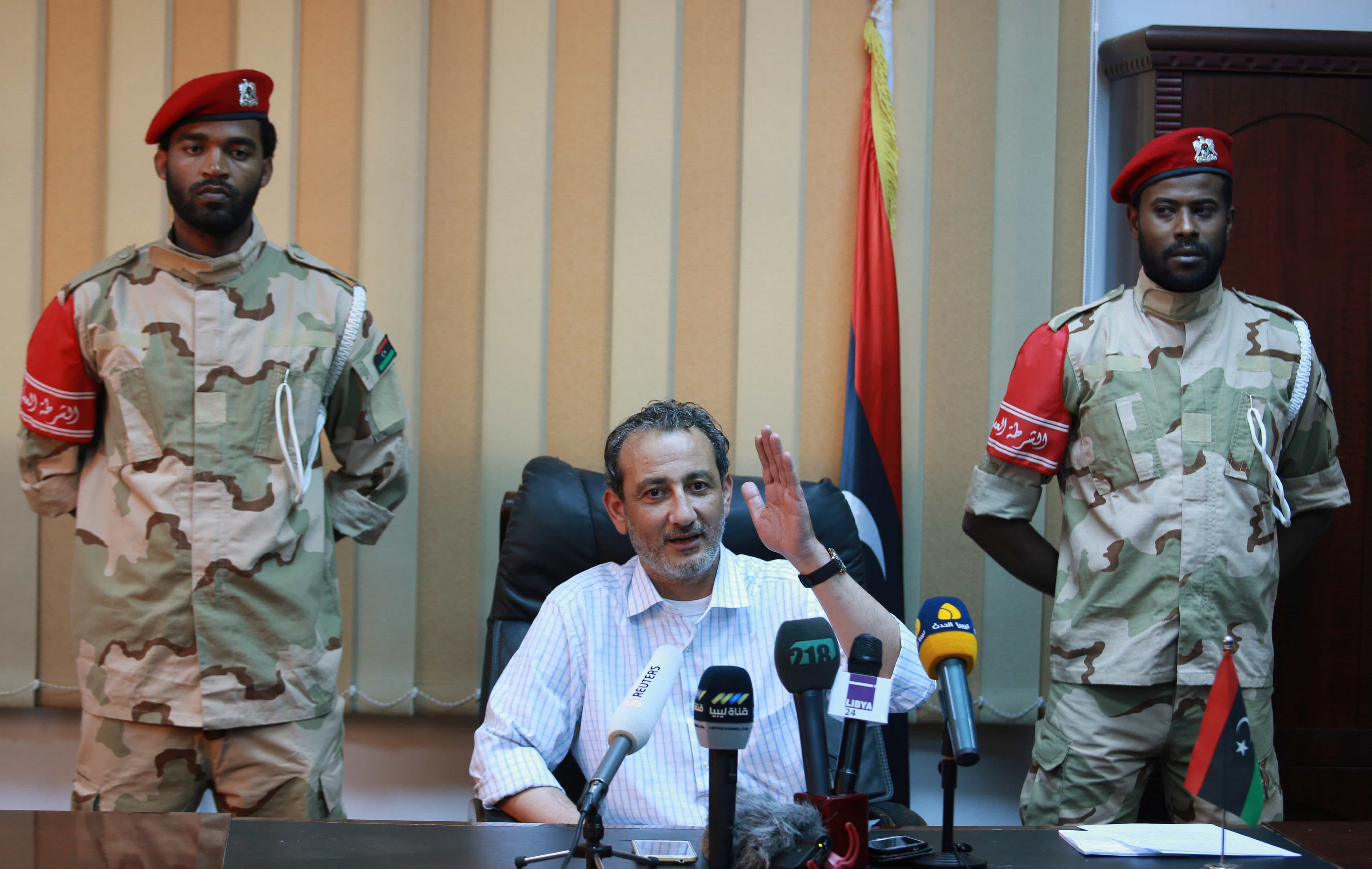 Colonel Al-Mahdi al-Barghathi, Minister of Defense in the Government of National Accord, speaks during a news conference in Benghazi, Libya June 4, 2016, REUTERS/Esam Omran Al-Fetori