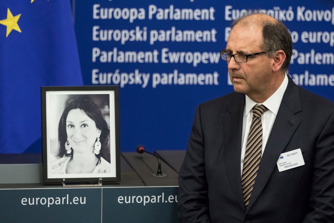 Peter Caruana Galizia, husband of Daphne Caruana Galizia, attends a ceremony at a press conference room named in honour of the slain journalist, in Strasbourg, France, 14 November 2017, Elyxandro Cegarra/NurPhoto via Getty Images