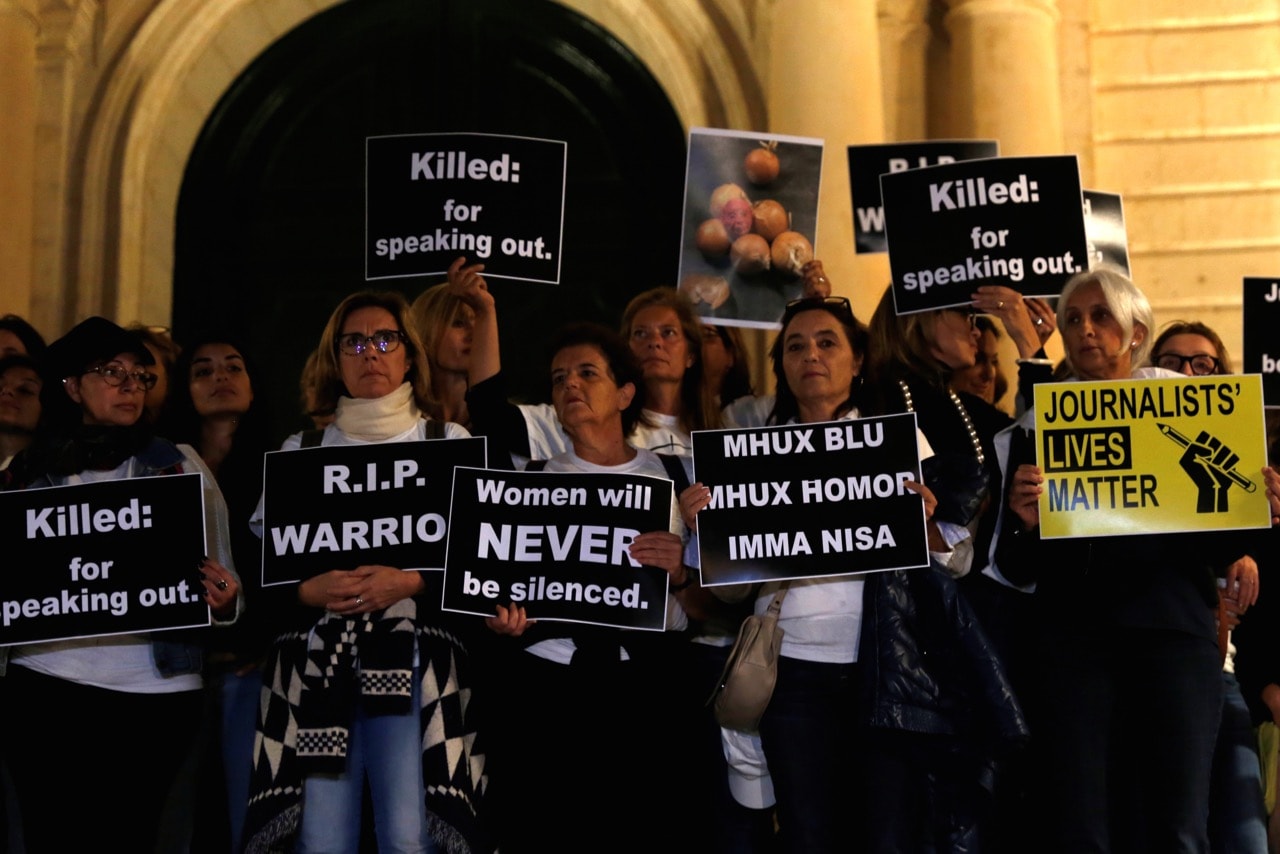 Protestors stand outside the office of Prime Minister Joseph Muscat, at the start of a four-day protest against the assassination of investigative journalist Daphne Caruana Galizia, in Valletta, Malta, 26 October 2017 , REUTERS/Darrin Zammit Lupi