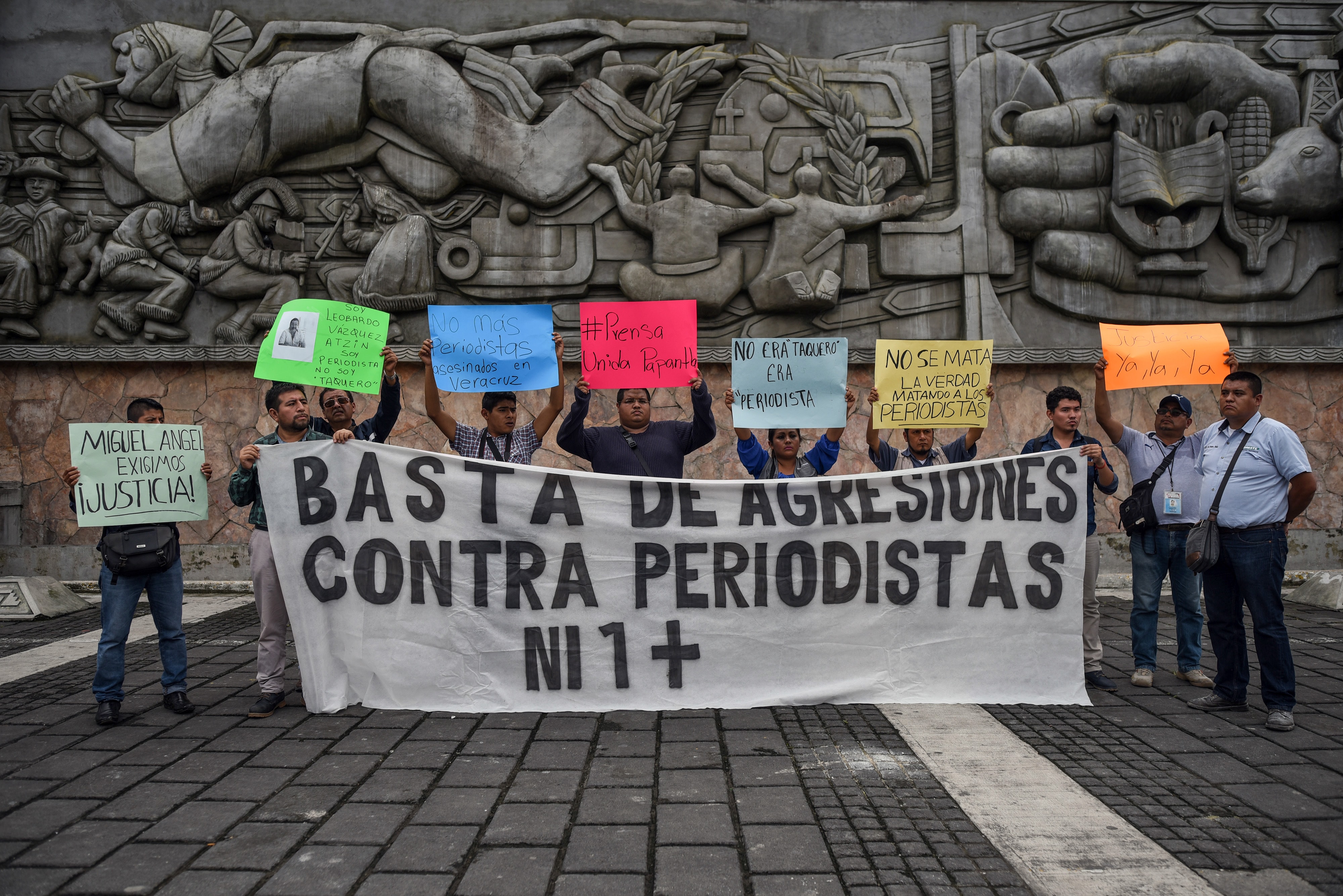 Journalists in Veracruz protest against the murder of their colleague Leobardo Vazquez Atzin, in Papantla municipality, Veracruz state, Mexico, 22 March 2018, VICTORIA RAZO/AFP/Getty Images