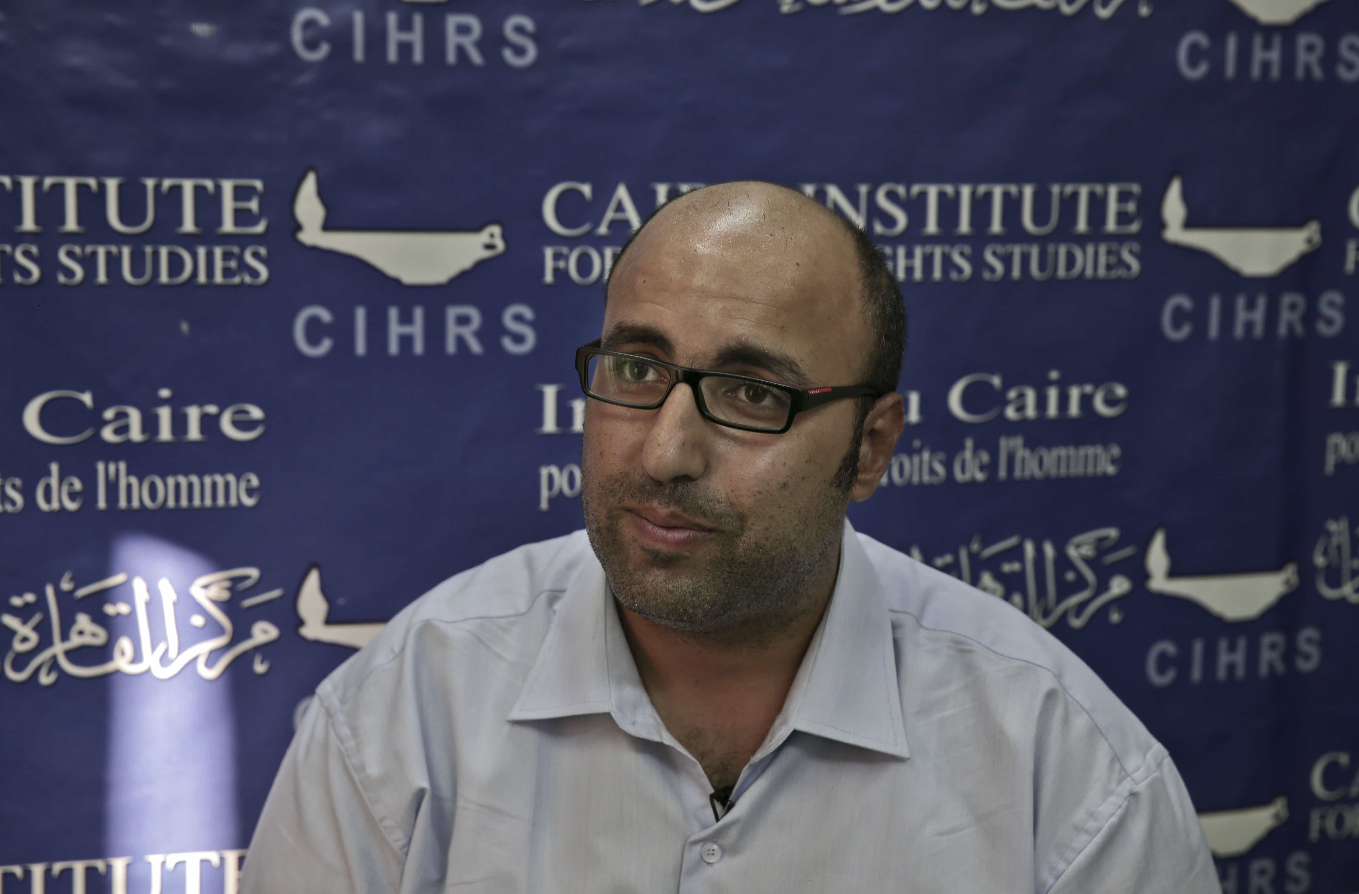 Mohammed Zaree, director of the Cairo Institute for Human Rights Studies’ Egypt program, speaks during an interview with The Associated Press at his office in Cairo, Egypt, AP Photo/Nariman El-Mofty