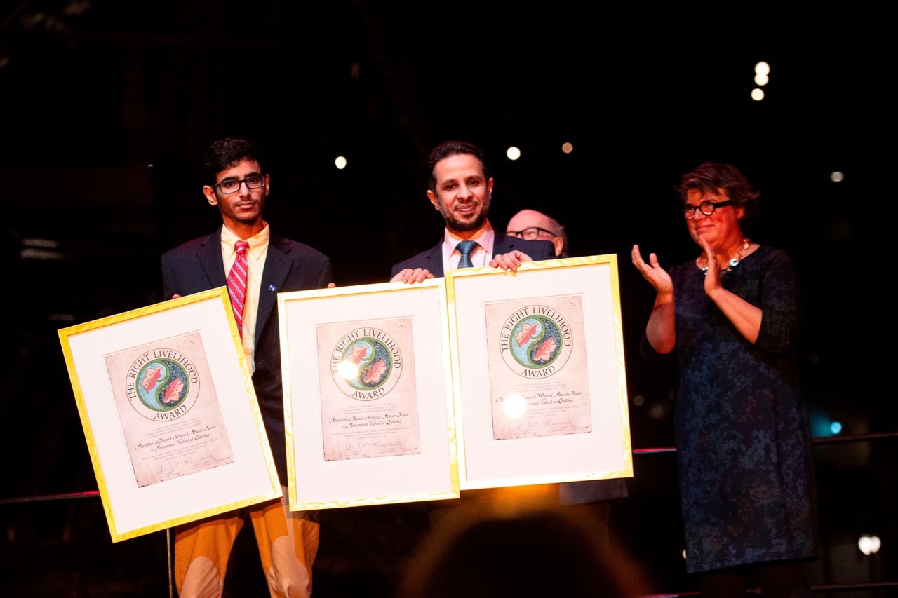 Rights defenders Abdullah Al-Hamid, Waleed Abu Al-Khair and Mohammad Al-Qahtani (not pictured) receive the Right Livelihood Award represented by Omar al-Qahtani (L) and Saudi human rights advocate Yahya Assiri (R), in Stockholm, Sweden, 23 November 2018, MELI PETERSSON ELLAFI/AFP/Getty Images