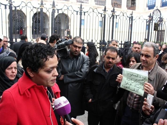 Tunisian blogger Olfa Riahi appears before a court in January 2013 after posting information on the alleged misuse of public funds by a public official, Demotix/Chedly Ben Ibrahim
