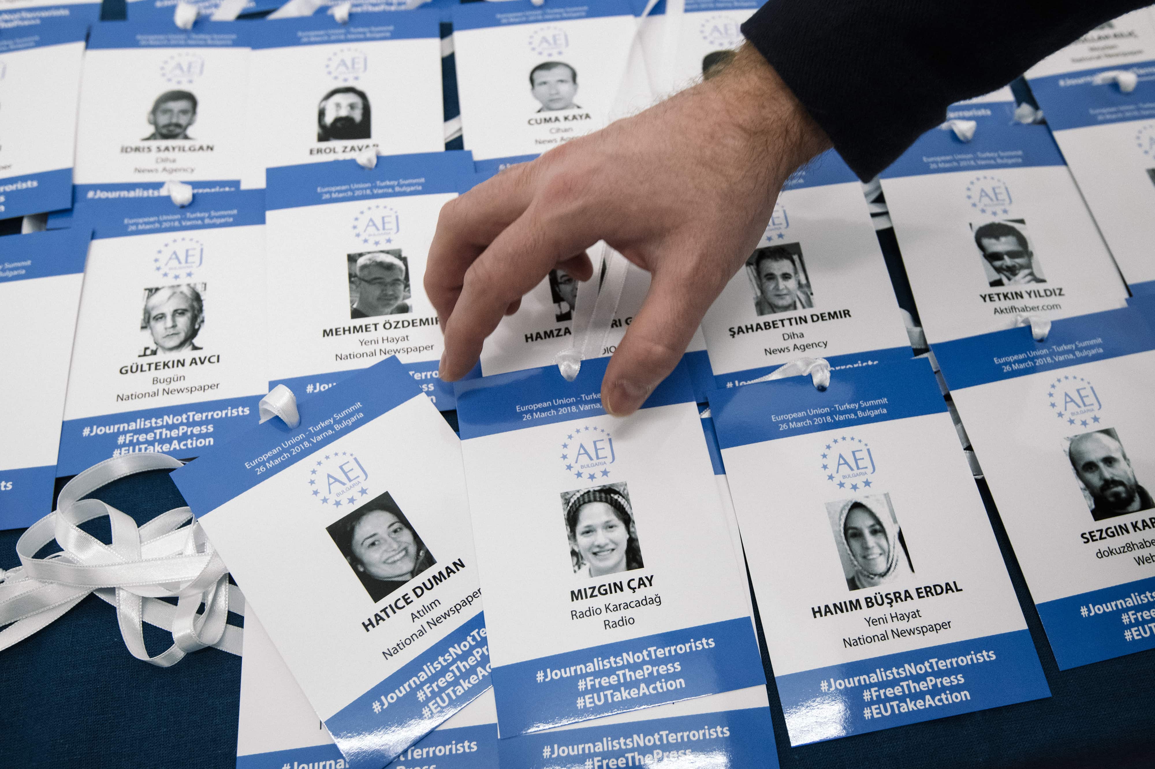 A Bulgarian media freedom group holds an action in solidarity with media professionals detained in Turkey demanding their immediate release, in Sofia, Bulgaria, 22 March 2018, DIMITAR DILKOFF/AFP/Getty Images