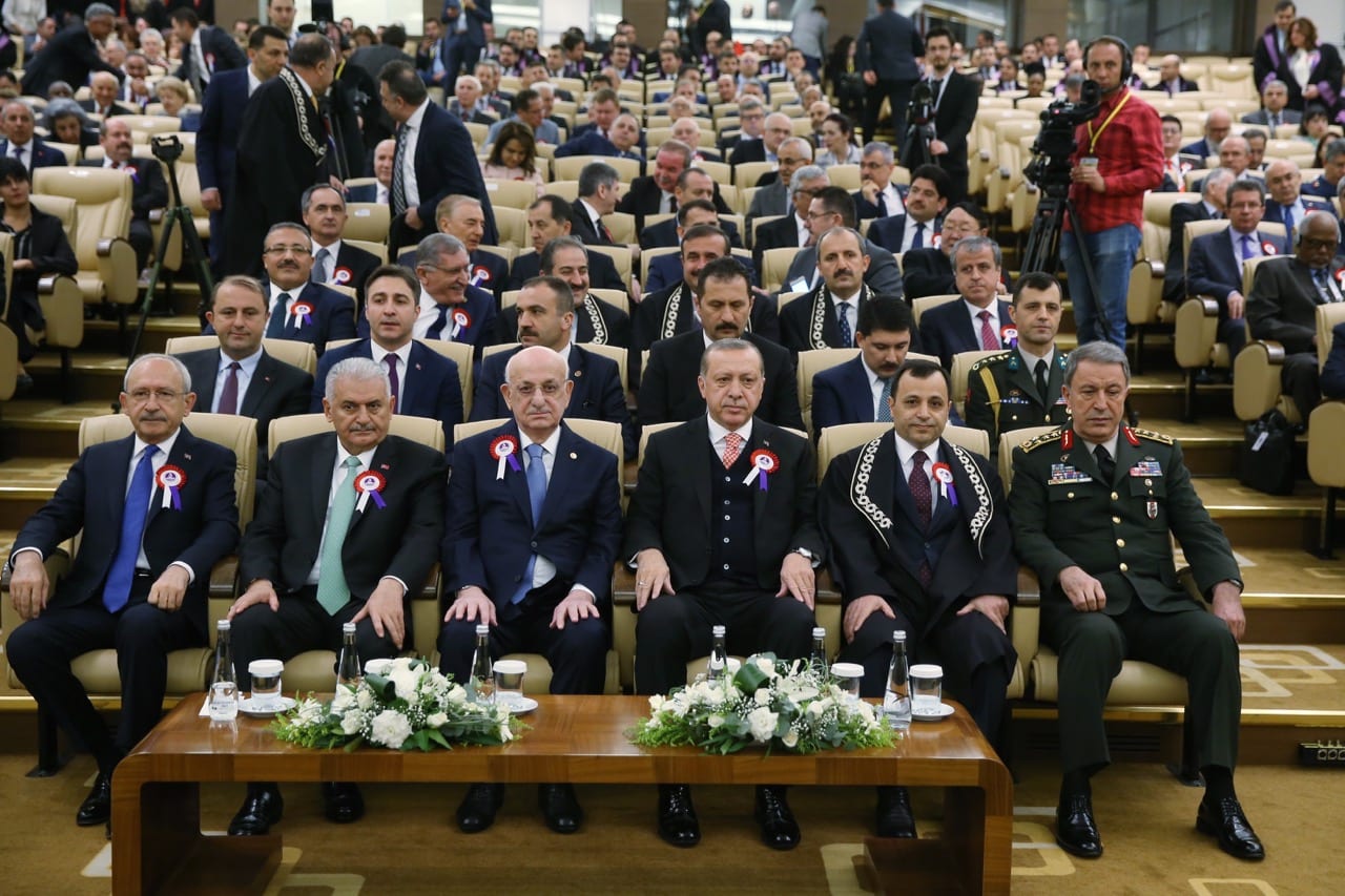 Turkish President Recep Tayyip Erdogan (3rd R), Turkish Prime Minister Binali Yildirim (2nd L) and other dignitaries attend the 55th foundation anniversary of the Constitutional Court in Ankara, Turkey, 25 April 2017, Yasin Bulbul / Turkish Presidency / Handout/Anadolu Agency/Getty Images
