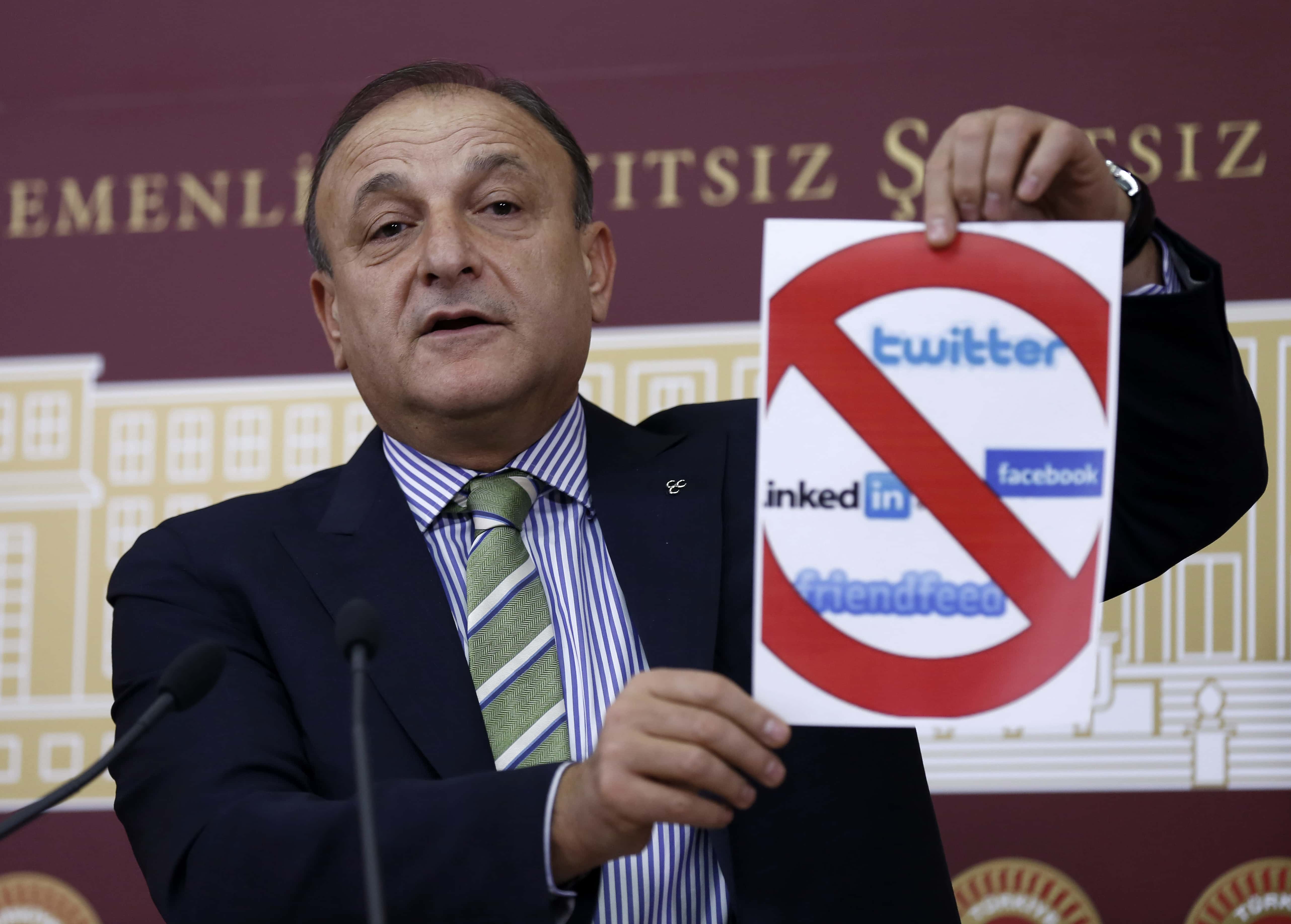 Oktay Vural, a leading deputy from the opposition Nationalist Action Party, MHP, holds up a placard during a parliamentary debate shortly before Turkey's Parliament approved legislation that would tighten government controls over the Internet., AP Photo