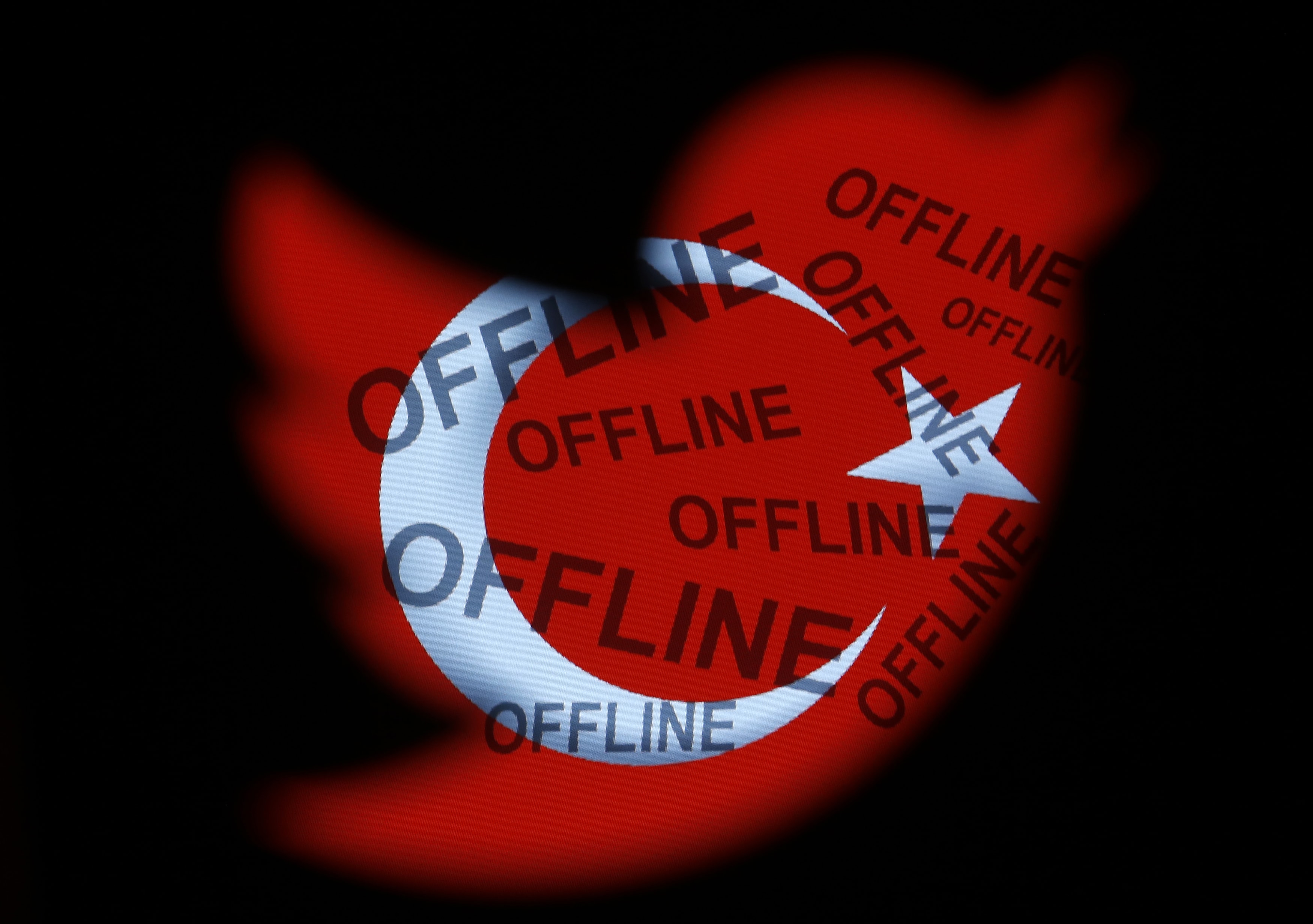 A Turkish national flag with the word 'offline' projected on it, is seen through a Twitter logo in this photo illustration taken in Zenica, 21 March 2014. , REUTERS/Dado Ruvic