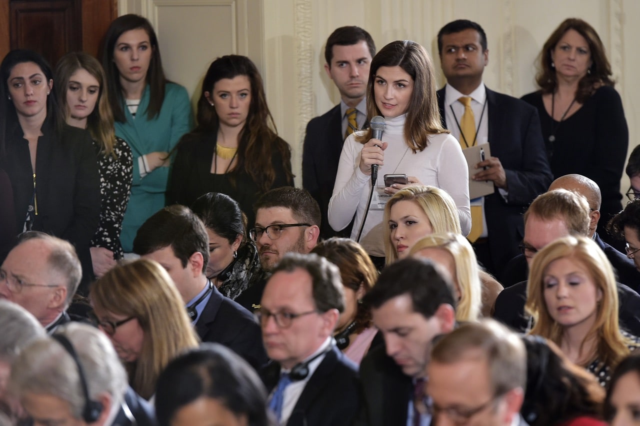 The Daily Caller White House correspondent Kaitlan Collins (3rd R) asks a question during a press conference by US President Donald Trump and Canada's Prime Minister Justin Trudeau in the White House, Washington, DC, 13 February 2017, MANDEL NGAN/AFP/Getty Images