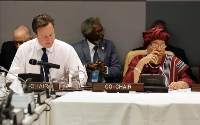 British Prime Minister David Cameron and Liberian President Ellen Johnson Sirleaf, members of the United Nations High-Level Panel on Global Sustainability, met in New York in May 2013 to discuss the Post-2015 Development Agenda, REUTERS/Richard Drew/Pool