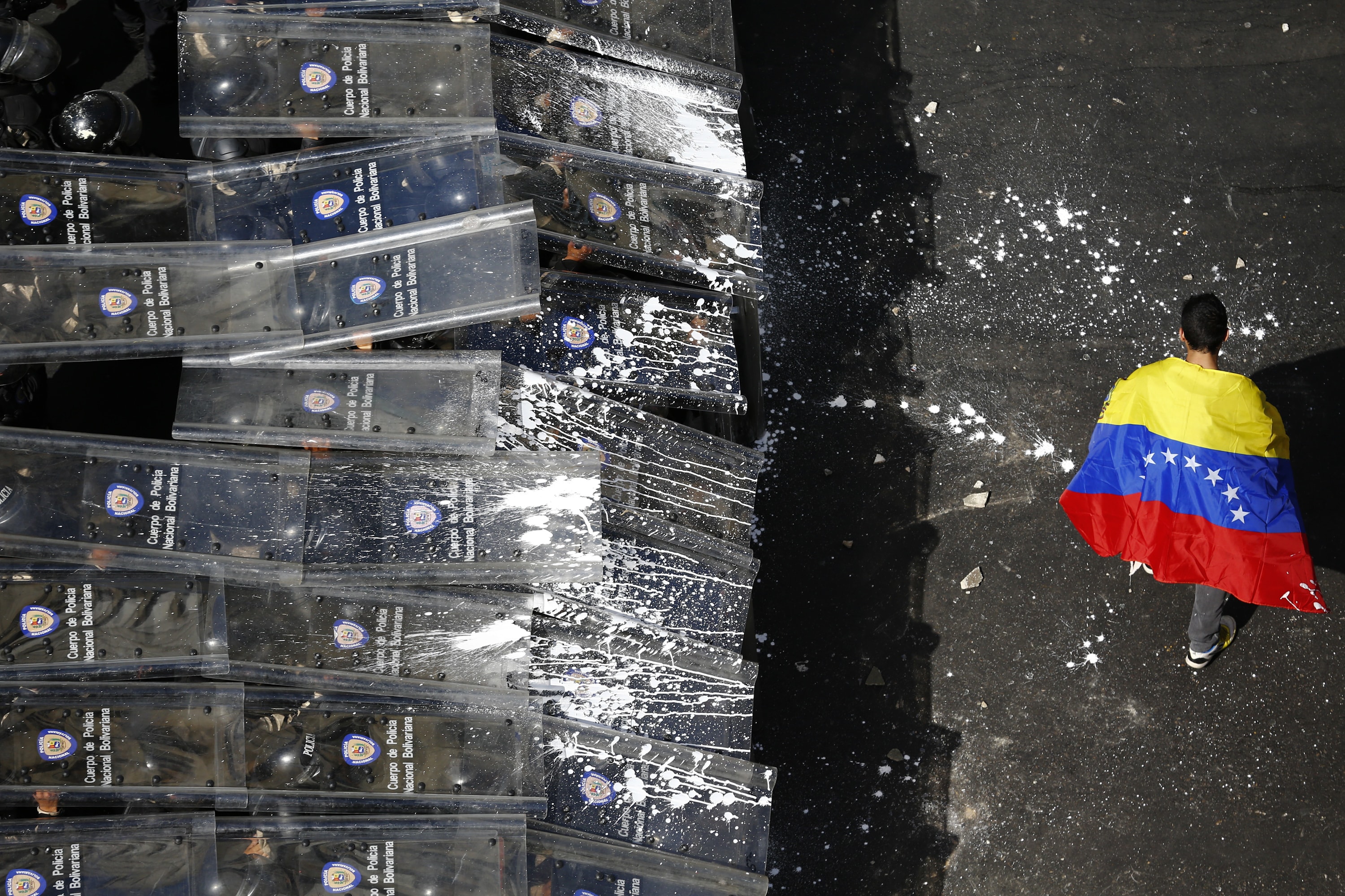 A demonstrator with a Venezuelan flag draped around himself protests against the government of President Nicolas Maduro, in front of a riot police line in Caracas 12 February 2014, REUTERS/Jorge Silva