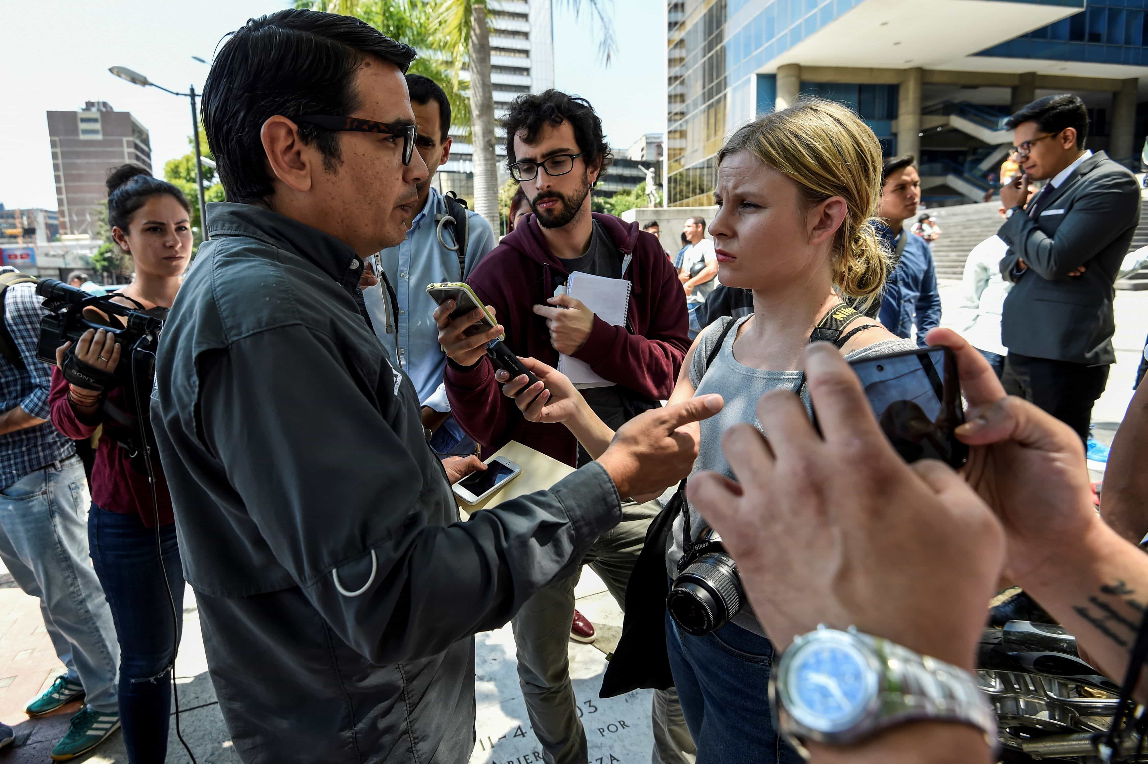 Marcos Ruiz, president of the Venezuelan National Press Union, talks to the media in Caracas, after the release of five foreign journalists detained by Venezuelan authorities, on January 31, 2019, JUAN BARRETO/AFP/Getty Images