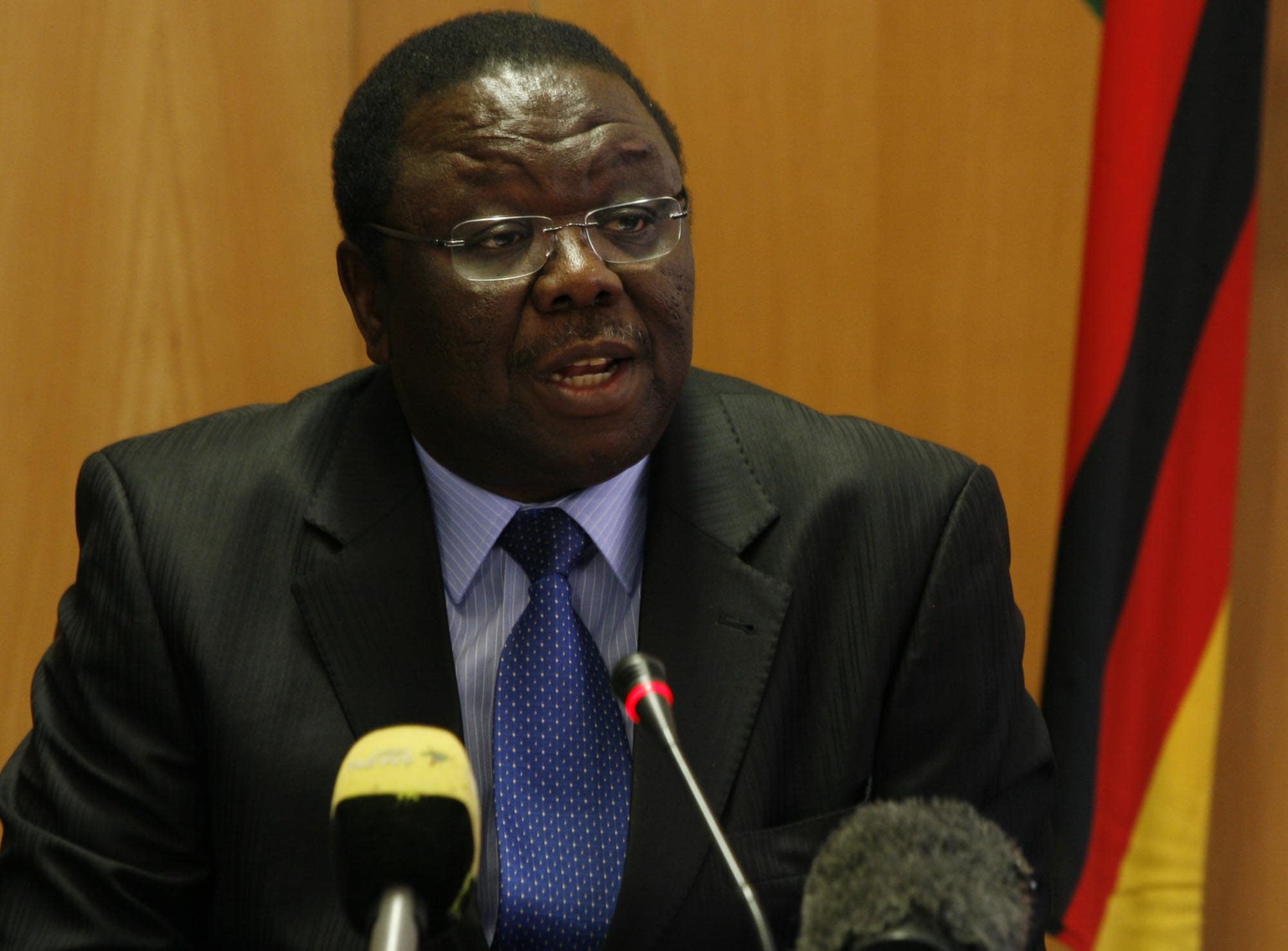 The Prime Minister of Zimbabwe and leader of the Movement for Democratic Change, Morgan Tsvangirai, addresses the press in Harare, 20 May 2009. Supporters of the MDC have recently attacked journalists., Zimbo Zimbo/Demotix