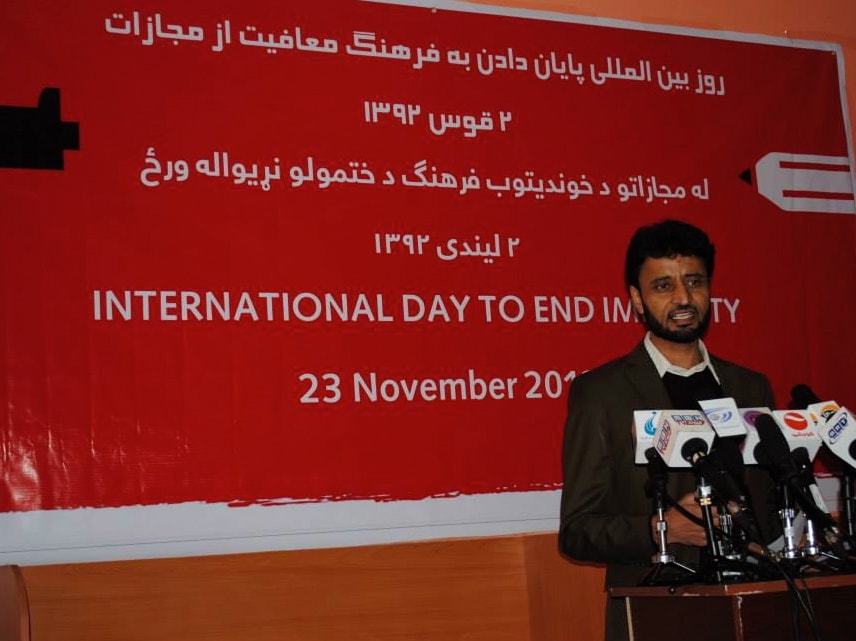 AFJC director Ahmad Quraishi addresses an International Day to End Impunity event in Kabul., AFJC